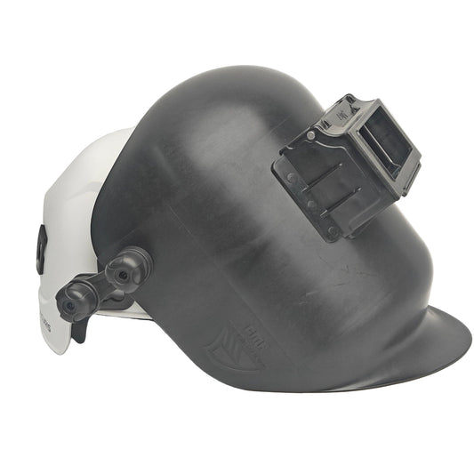 Welding helmet with a dark visor on a light gray background