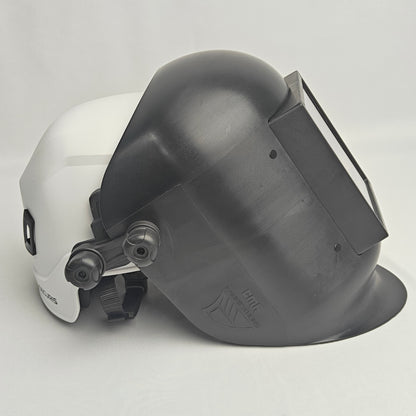 White hard hat with a gray welding helmet on a light gray background