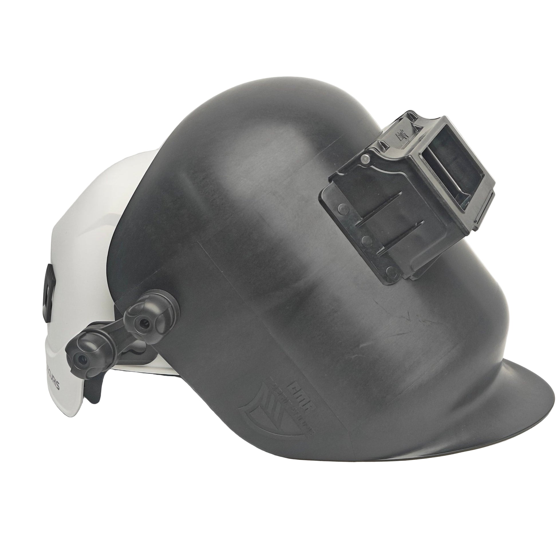 Welding helmet with a dark visor on a light gray background