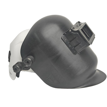 Welding helmet with a dark visor on a light gray background