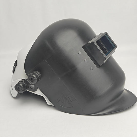 Black welding helmet with a white side panel on a light gray background