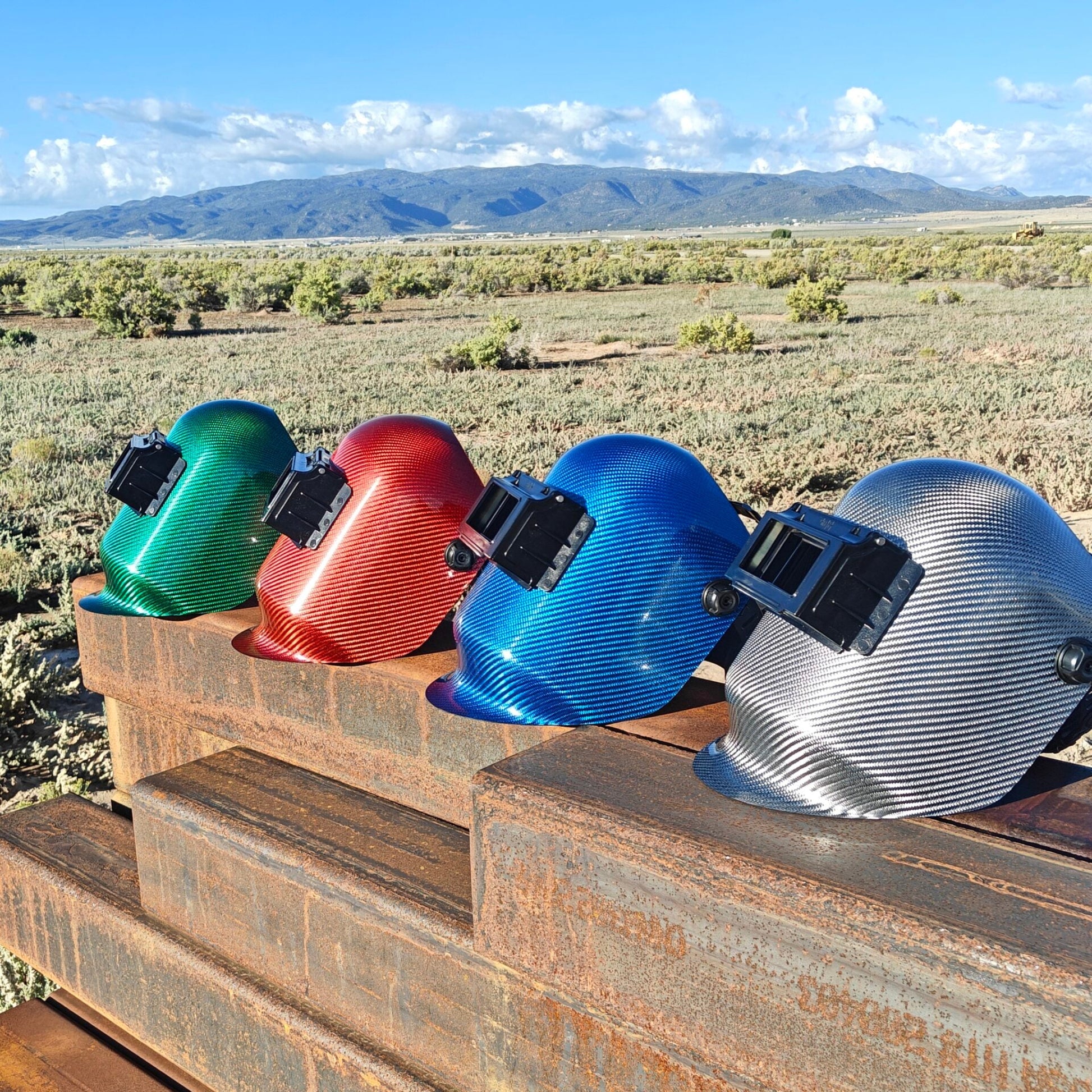 CMR Fabrications Pipeliner sugar scoop Carbon Fiber Welding Hoods Green Red Blue Titanium Carbon Fiber Front Left.Flipup Outdoor