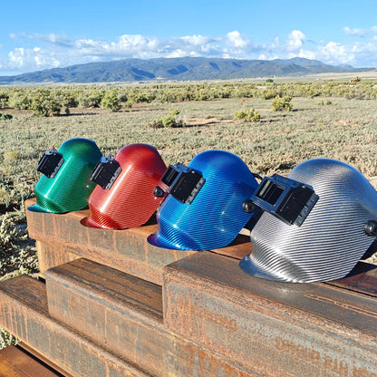 CMR Fabrications Pipeliner sugar scoop Carbon Fiber Welding Hoods Green Red Blue Titanium Carbon Fiber Front Left.Flipup Outdoor