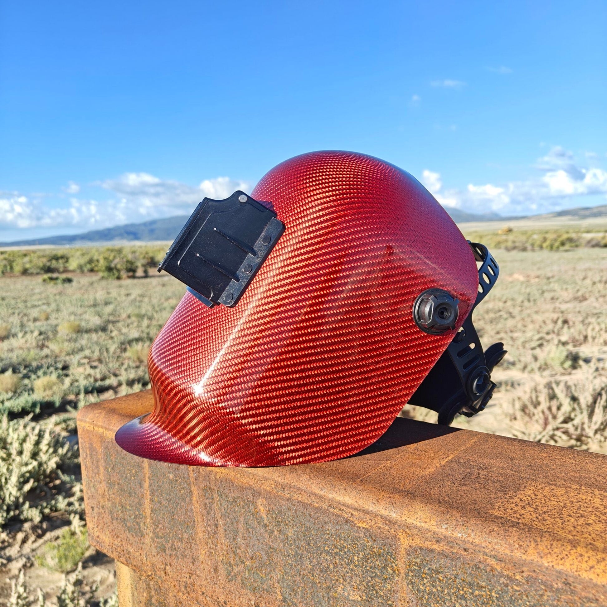 CMR Fabrications Pipeliner sugar scoop Carbon Fiber Welding Red Carbon Front Left Flipup Outdoor