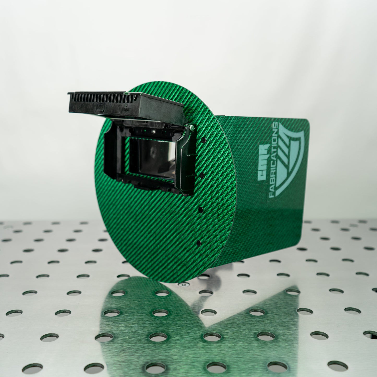 CMR_Pancake_WeldingHood_Mini_Green_Flip-Up_Open_34View