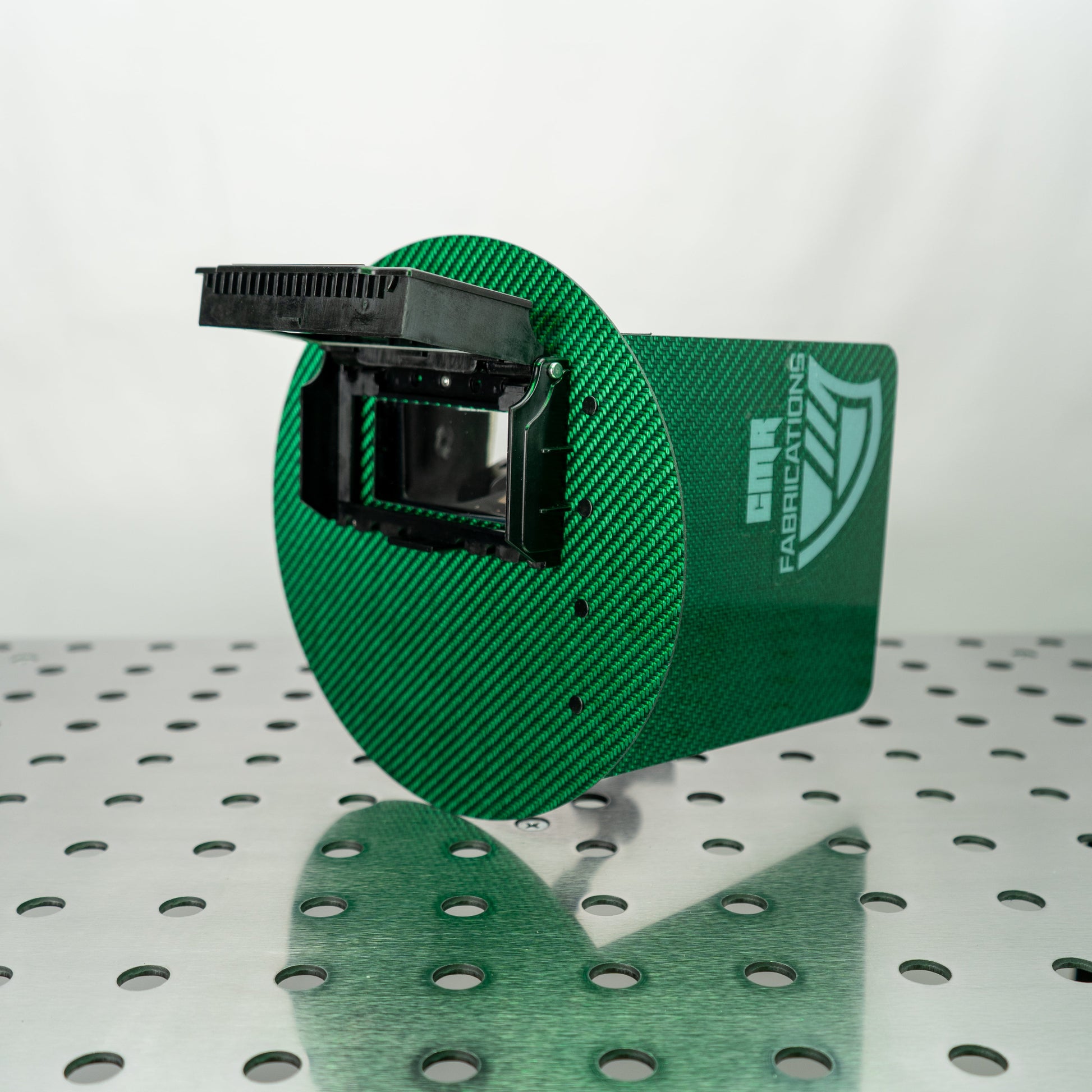 CMR_Pancake_WeldingHood_Mini_Green_Flip-Up_Open_34View
