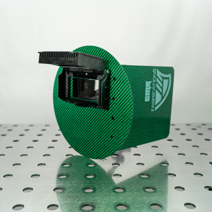 CMR_Pancake_WeldingHood_Mini_Green_Flip-Up_Open_34View