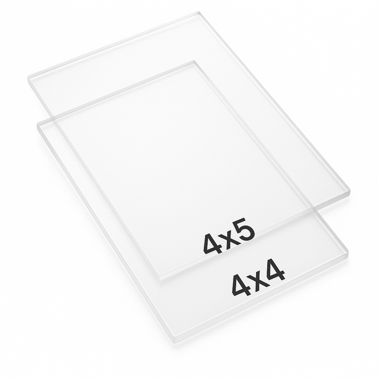 Two clear photo frames with dimensions '4x5' and '4x4' printed on them, stacked on a white background.