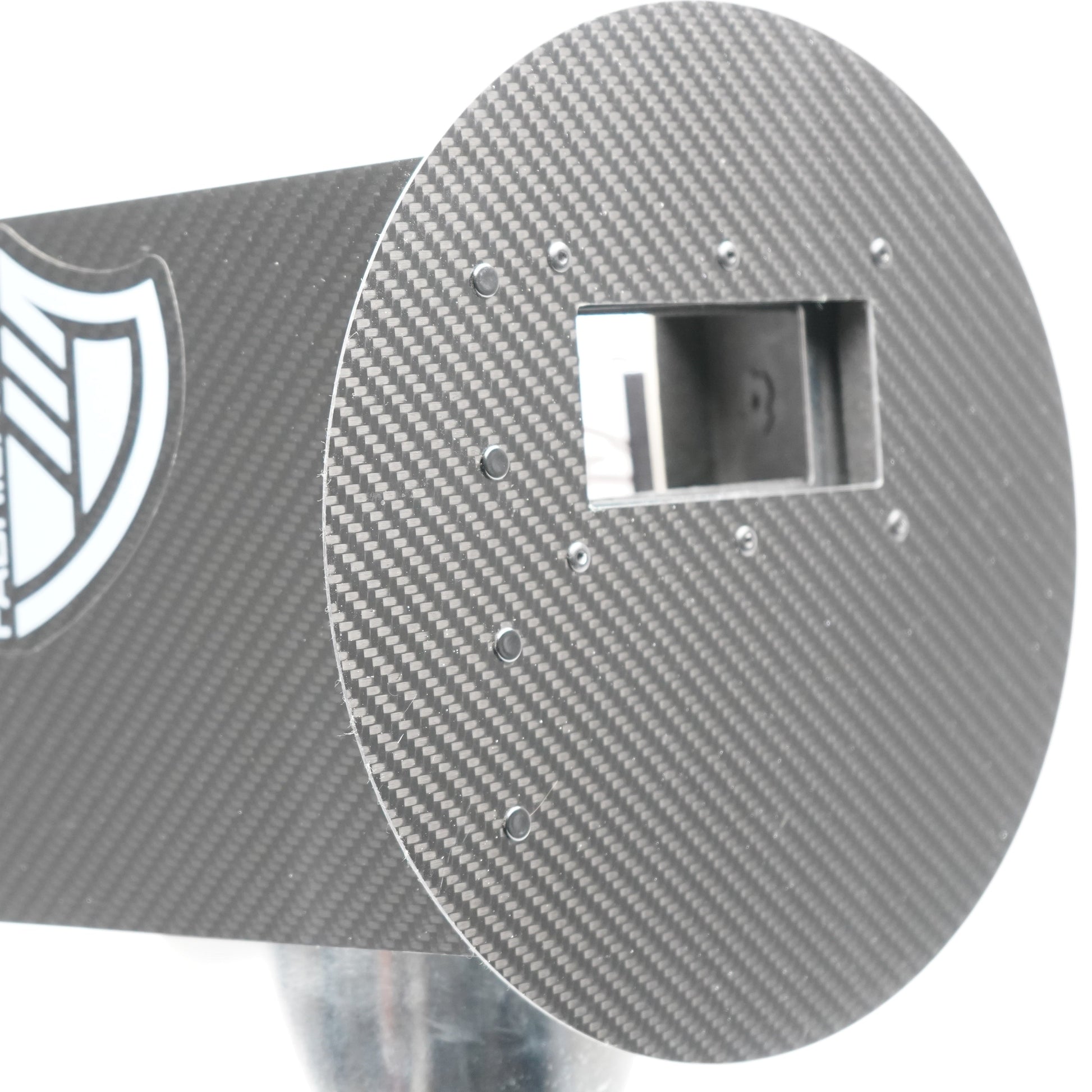 Carbon fiber plate with a logo on a white background